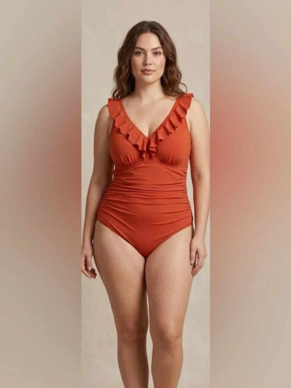 DKNY Rust Orange Ruffle One Piece Swimsuit XXL Plus Size Swimwear NWT - Picture 4 of 6